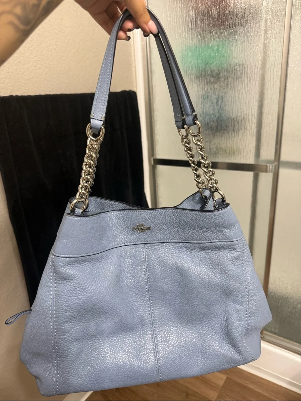 Coach Light Blue Pebbled Leather Shoulder Bag with Chain Handles